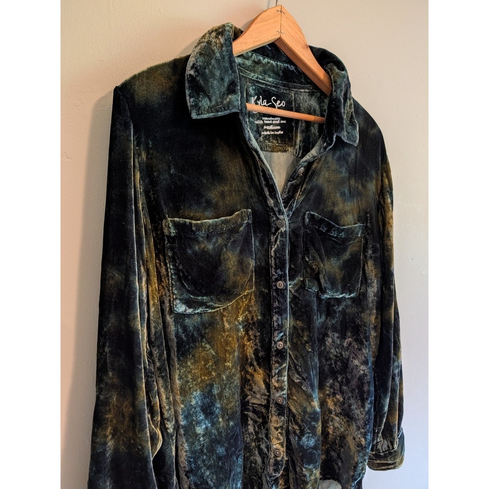 Kyla Seo Velvet Silk Button Up Shirt Artsy Tie Dye Boho Witchy Grunge Whimsigoth